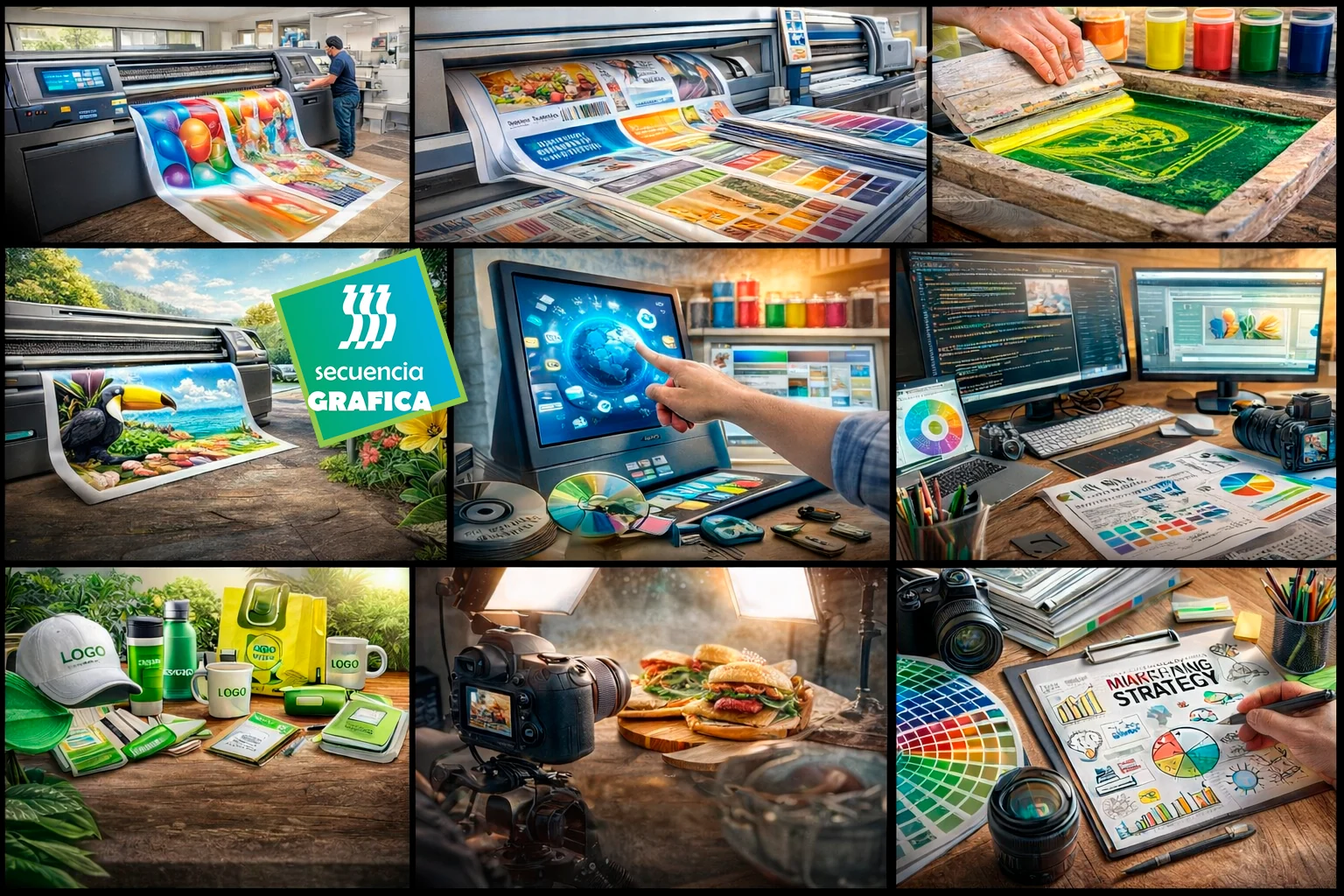 Collage de servicios de impresión, diseño, web y marketing de Secuencia Gráfica